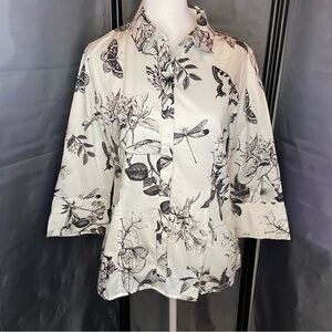 Talbots Floral Butterfly Dragonfly White Black Stretch Button Down Shirt 10P